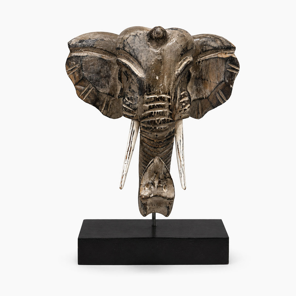 Olifant Hoofd op Standaard Hout - Bruin/Grijs- H 30 cm