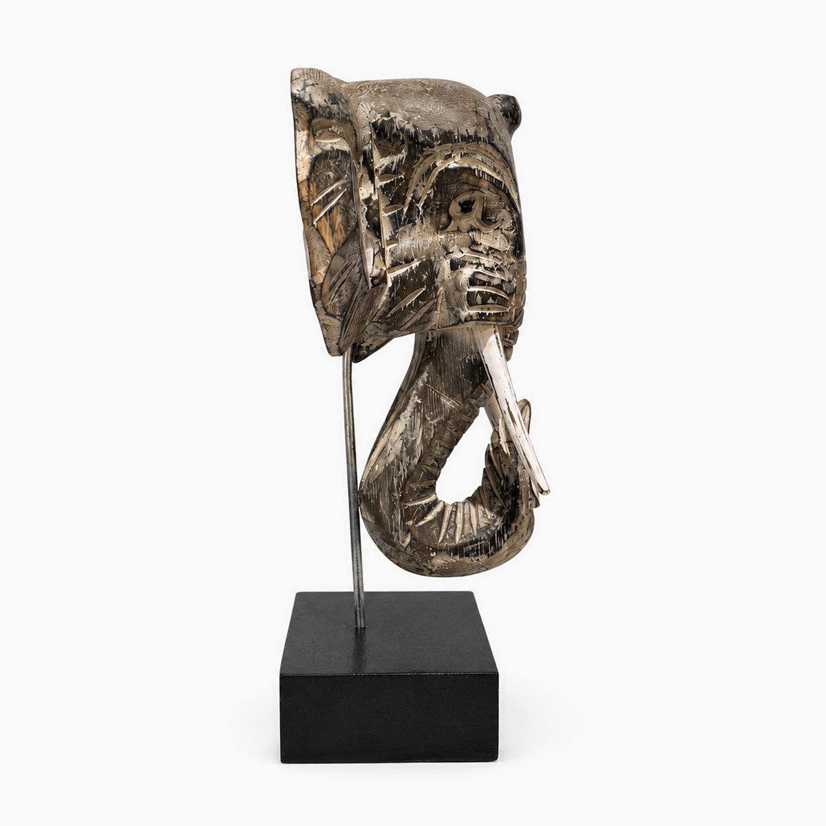 Olifant Hoofd op Standaard Hout - Bruin/Grijs- H 30 cm