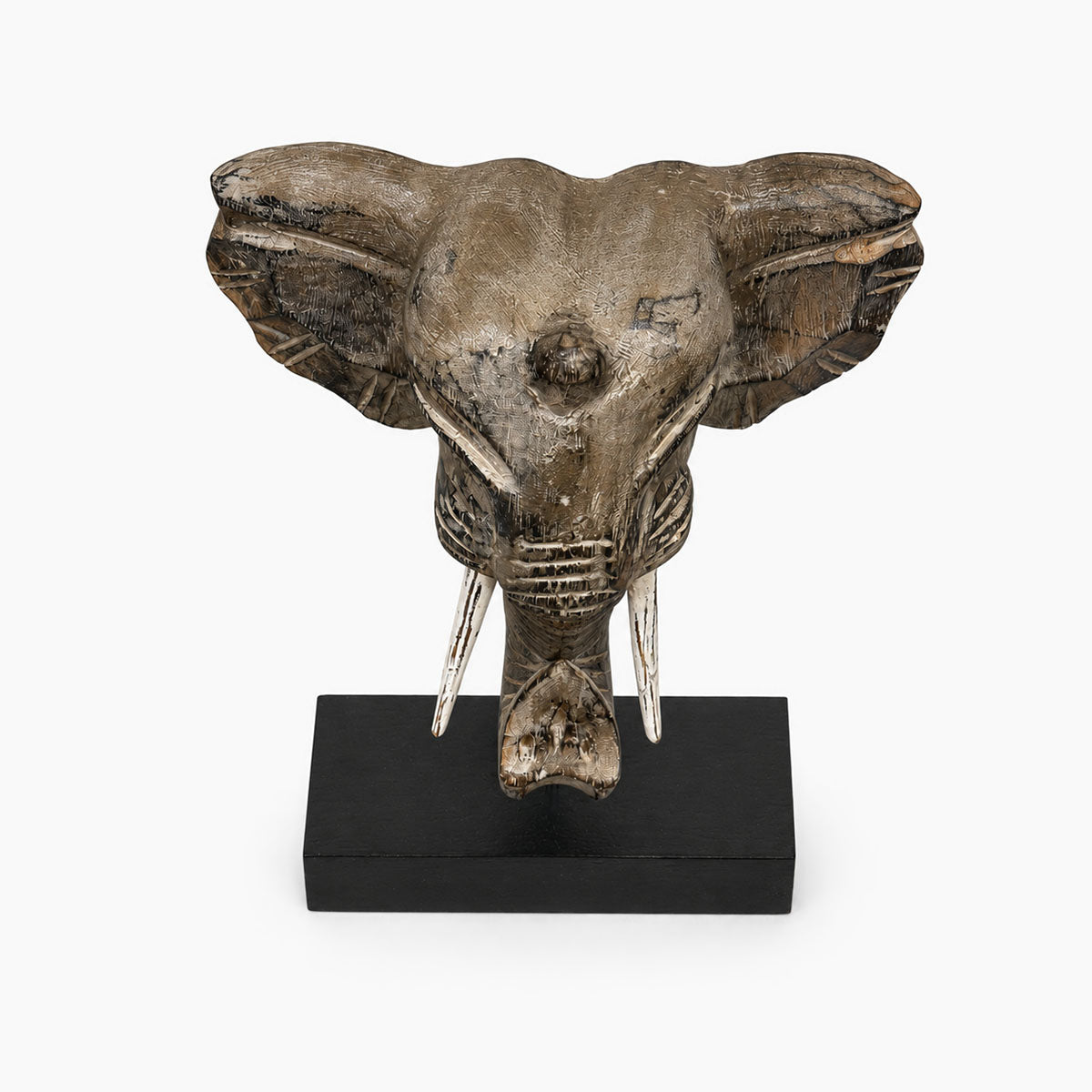 Olifant Hoofd op Standaard Hout - Bruin/Grijs- H 30 cm