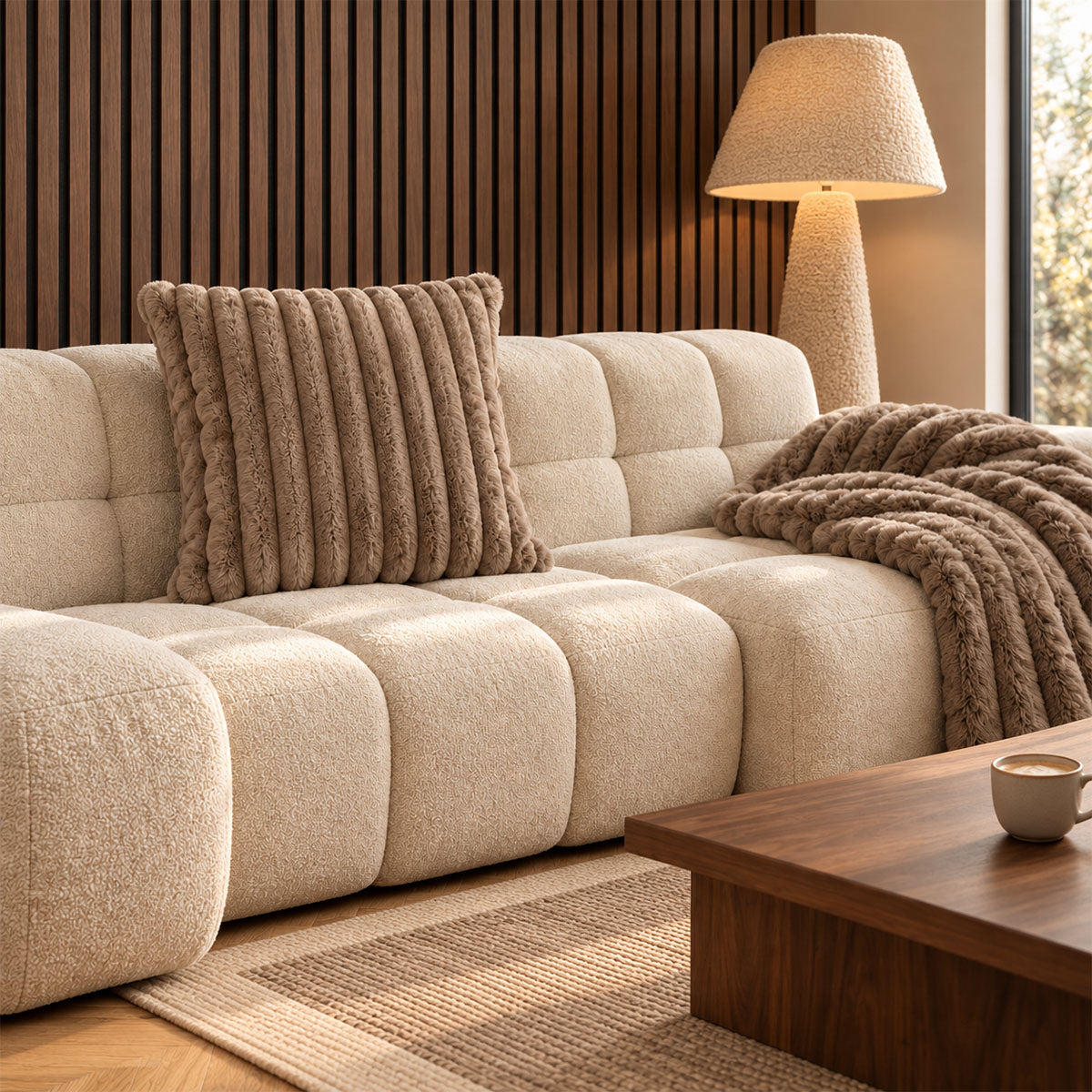 Cosy Sierkussen Ribbel Imitatiebont - Taupe/Bruin - L 45 x B 45 cm
