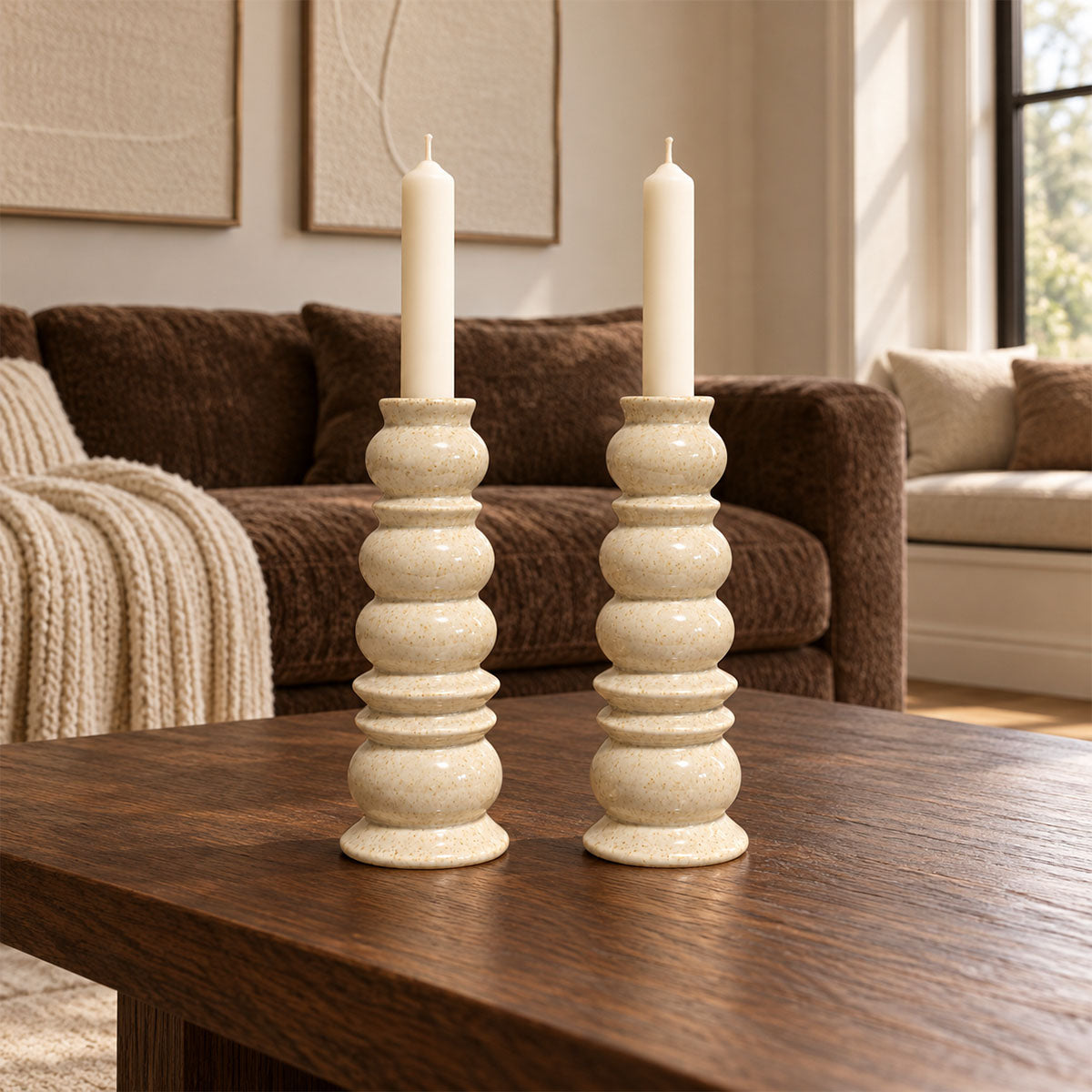Terra Twins Kandelaars Keramiek - Crème - Set van 2
