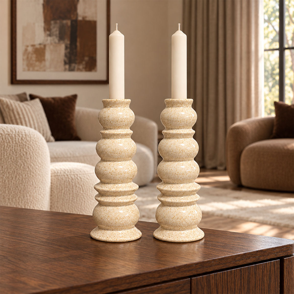 Terra Twins Kandelaars Keramiek - Crème - Set van 2